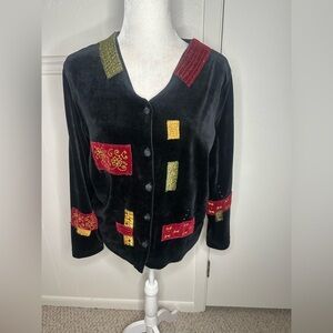 Susan Bristol Black Velvet Blazer with Red and Yellow Details size L